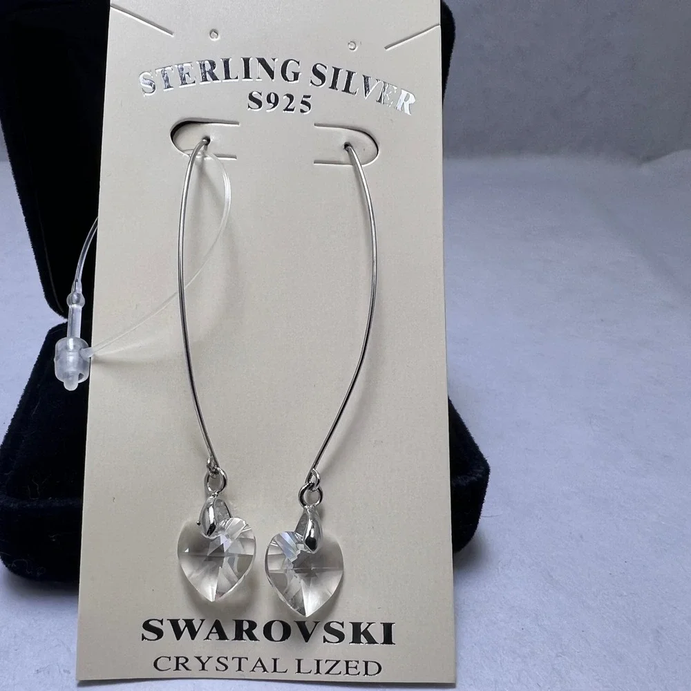 Swarovski Crystallized Sterling Silver S925 Heart Drop Dangle Earrings Clear